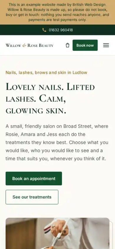 The Willow & Rose Beauty website on a phone