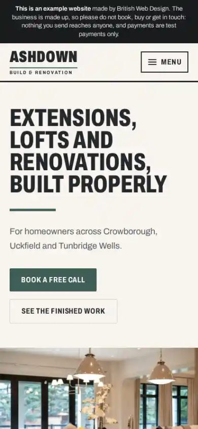 The Ashdown Build & Renovation website on a phone