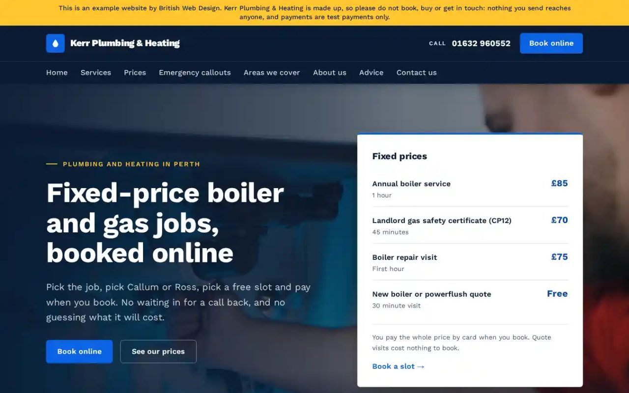 The Kerr Plumbing & Heating website on a computer