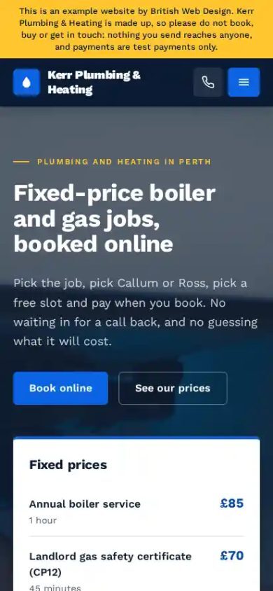 The Kerr Plumbing & Heating website on a phone