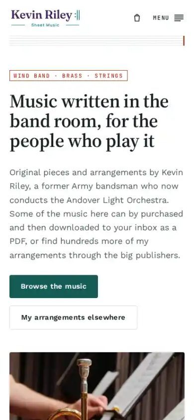 The Kevin Riley Sheet Music website on a phone