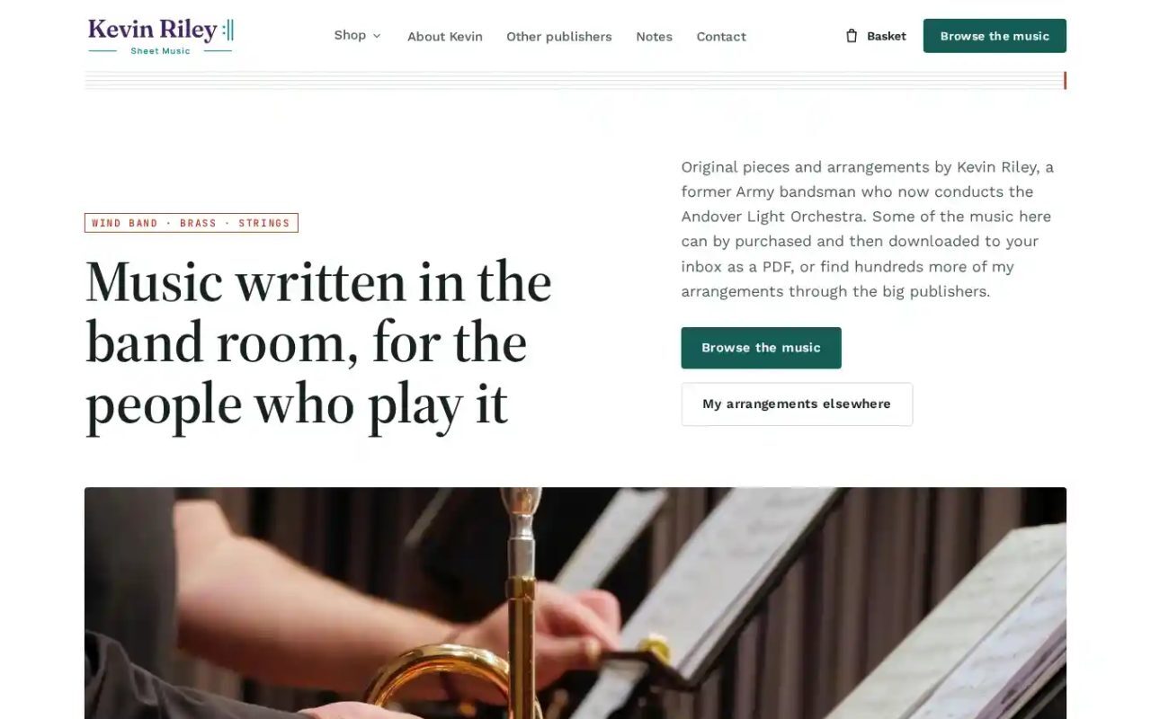 The Kevin Riley Sheet Music website on a computer
